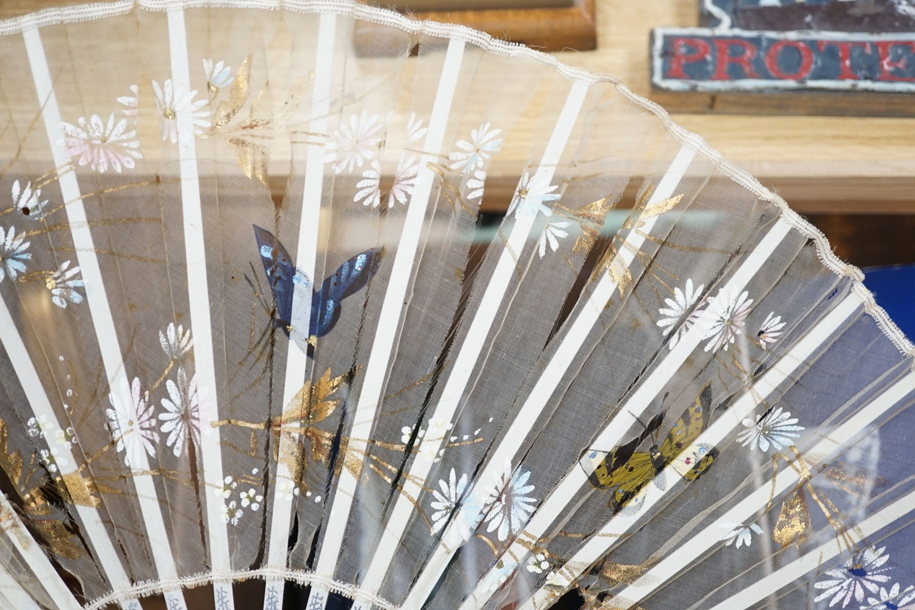 A quantity of lace makers items, Victorian parasols, 7 other fans, a fan frame, a 900 silver bag mount, a silver mother of pearl page turner, and other items